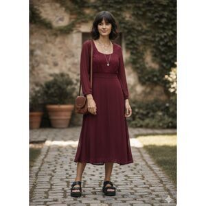 Nostalgia Burgundy Crimson Sheer Sleeve Empire Waist 90s Dress Size Small